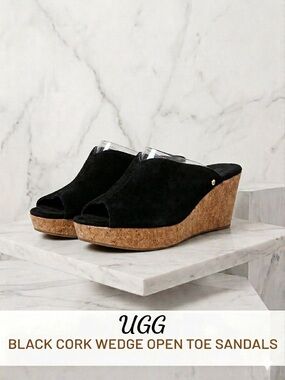 UGG Black Suede Cork Wedge Platform Mules LIKE NEW HARD TO FIND